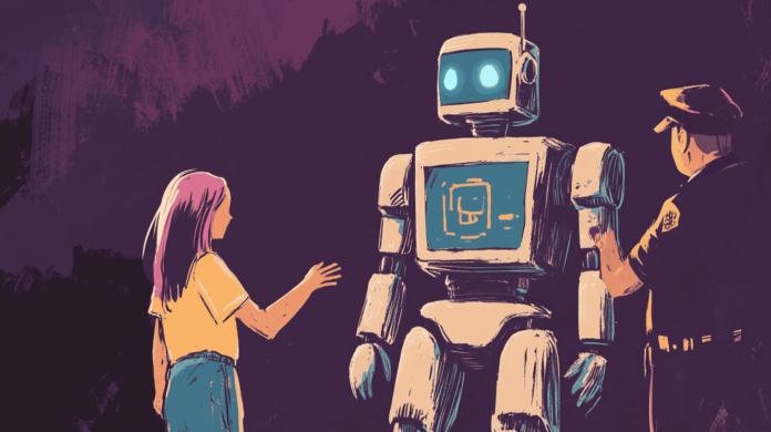 A schoolgirl and a policeman stopping an AI, generated with Midjourney