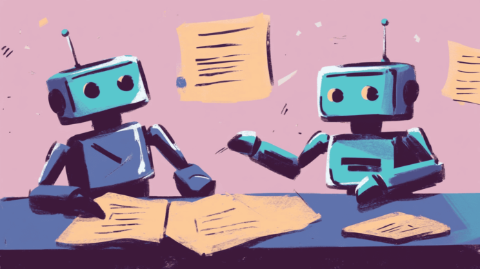 Two AI robots writing an essay, generated with Midjourney