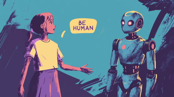 A schoolgirl telling an AI to be human, generated with Midjourney