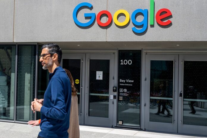 Sundar Pichai, chief executive officer of Alphabet Inc., during an interview on "The Circuit with Emily Chang" at Google's Bay View campus in Mountain View, California, US, on Wednesday, May 1, 2024.