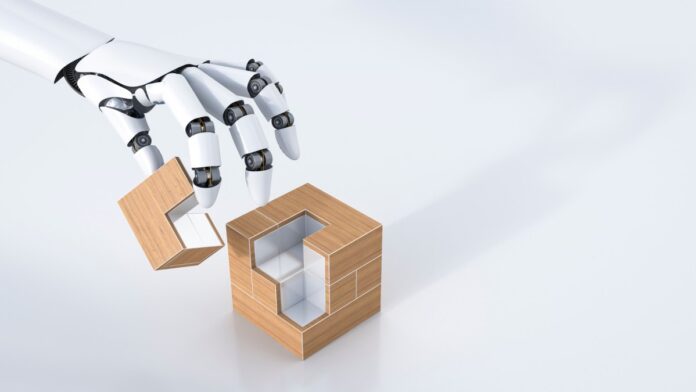 3D Rendering, robot hand assembling cube