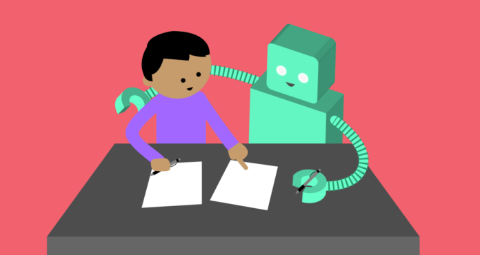 A robot helps a person write on two pieces of paper.