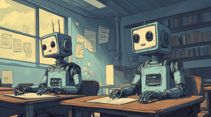 Two AI robots writing an essay, generated with Midjourney