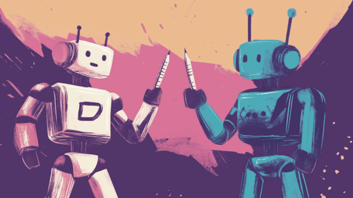 Two AI robots using pencils to fight, generated with Midjourney