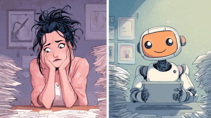 A stressed job seeker vs. a relaxed robot, generated with Midjourney