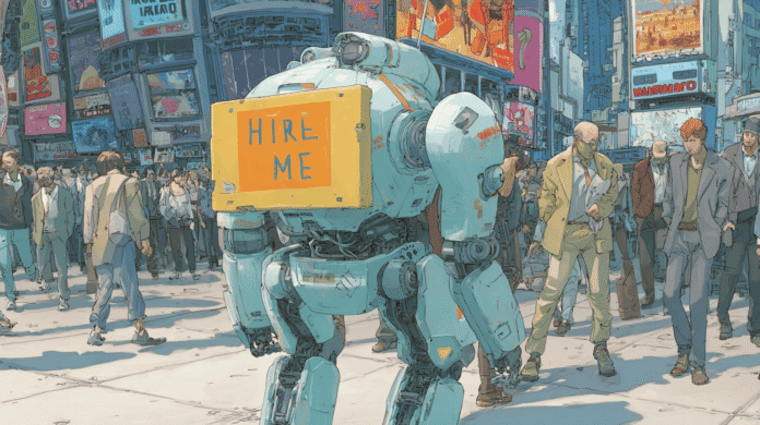 A robot carrying the load of a job seeker, generated with Midjourney
