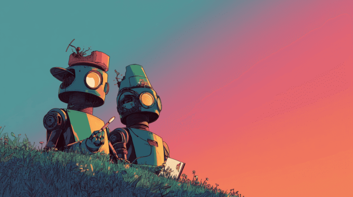 Two robots painting the sunrise, generated with Midjourney