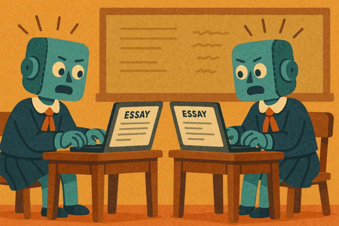 Two AI robots desperately trying to finish their essays, generated with GPT-4o