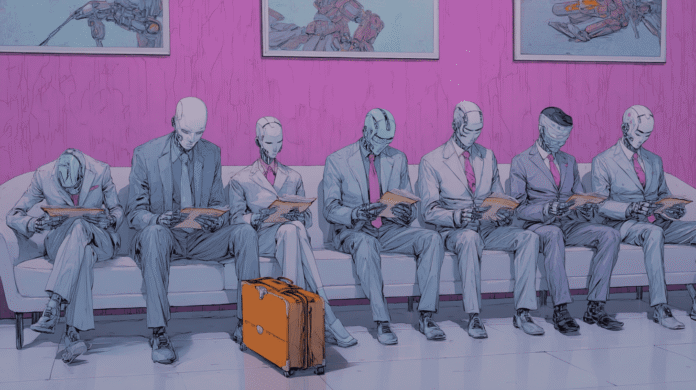Seven robots waiting for their interview, generated with Midjourney