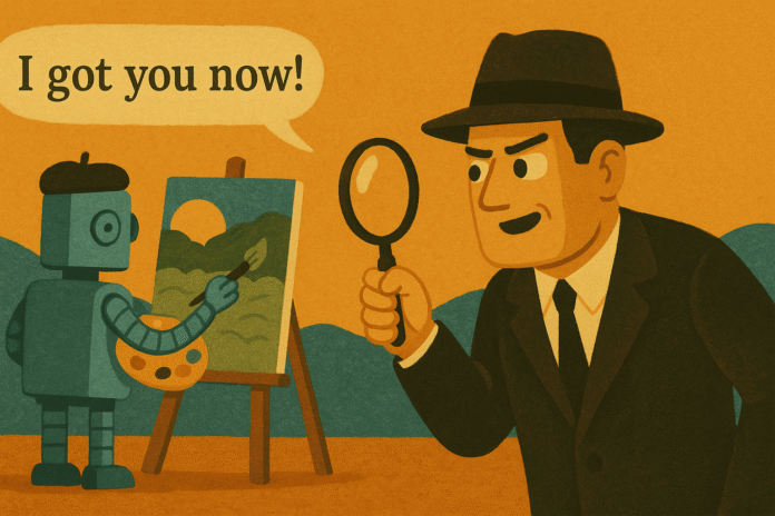 A detective catching a robot painting, generated with GPT-4o
