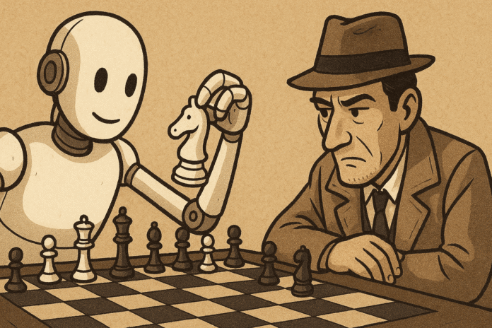An AI and a detective locked in a chess battle, generated by ChatGPT
