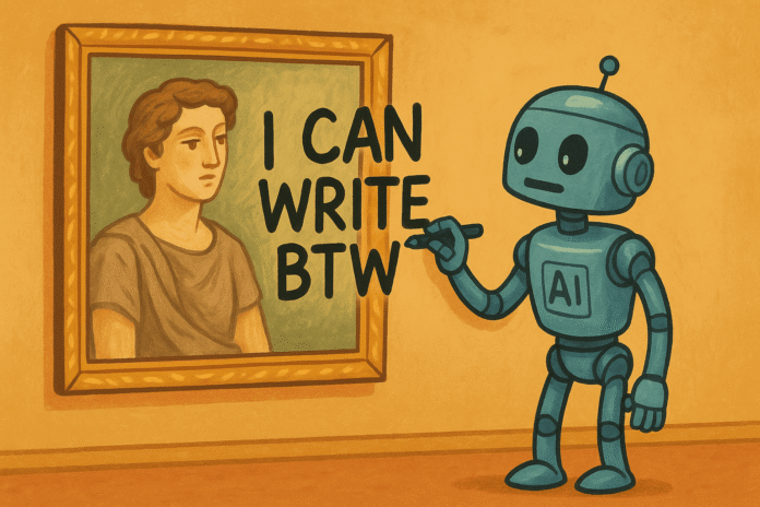 An AI robot telling an artwork that it can write, generated with 4o