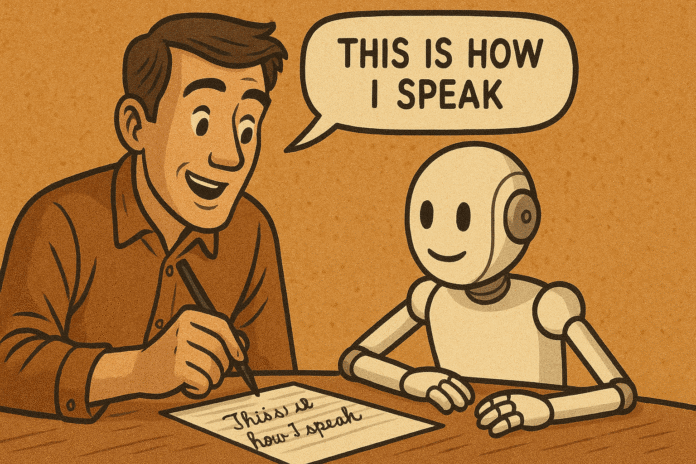 A human teaching a robot how to speak like him, generated with ChatGPT