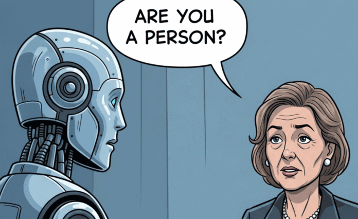 A robot getting asked about their authenticity during a job interview, generated with ChatGPT