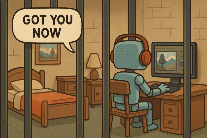 A robot getting caught creating deepfake, generated with GPT-4o