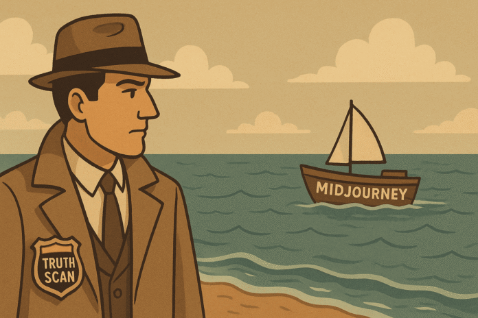 TruthScan detective catching a mid-journey boat, generated with GPT-4