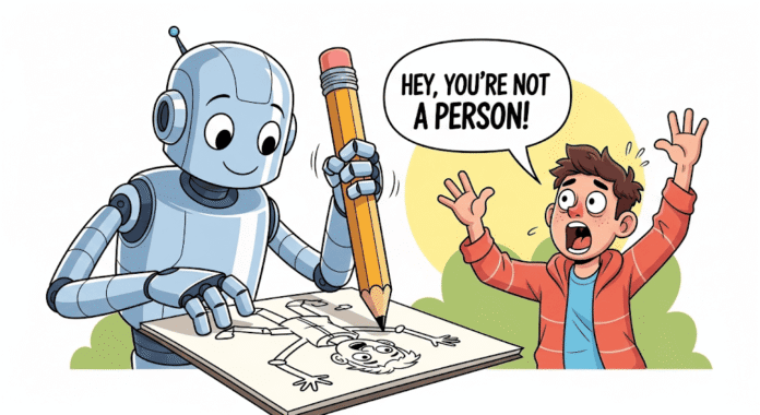 A human artist panicking about a robot taking his job, generated with Gemini