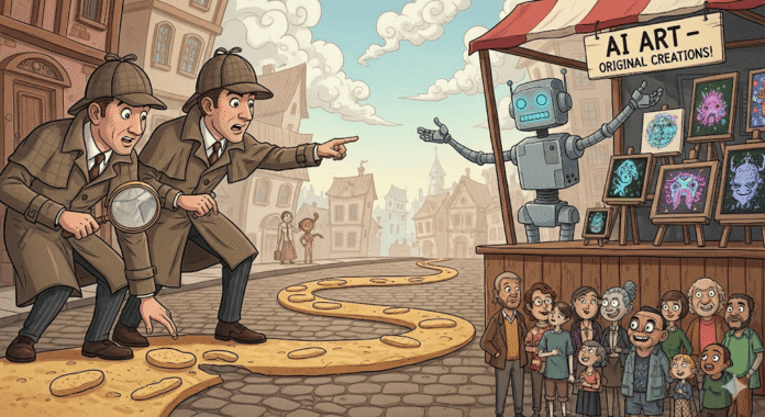 Two detectives catching an illegal AI art exhibit, generated by Gemini