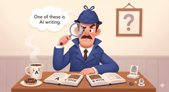 A detective trying to figure out which book is AI-generated, generated by Gemini