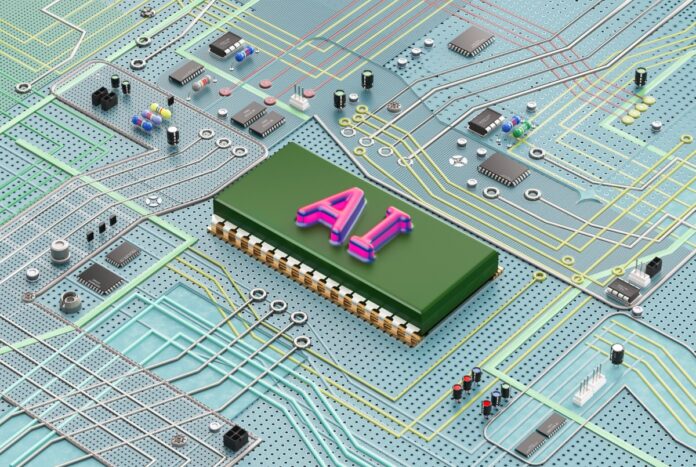 A complex electronic circuit board containing an artificial intelligence chip