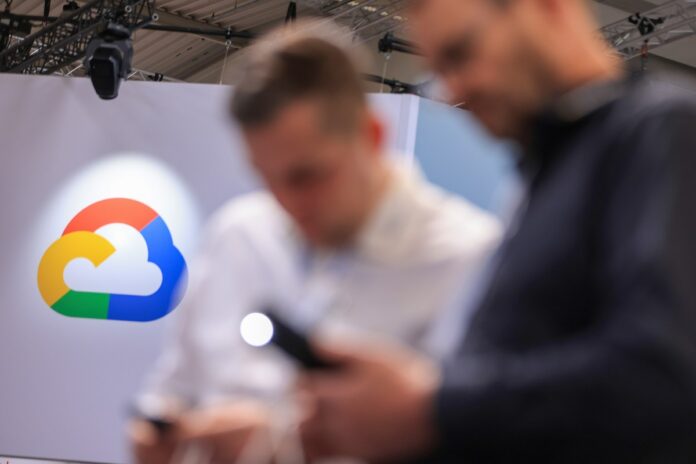 The Google Cloud logo at the company's booth at the Hannover Messe 2024 trade fair in Hannover, Germany, on Monday, April 22, 2024.