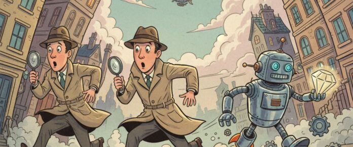 Two detectives chasing after an AI, generated with ChatGPT