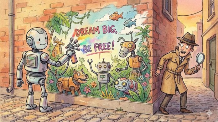 A detective catching an AI graffiti artist, generated with Gemini