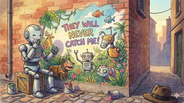 An AI artist with a taunting message, generated with Nano Banana