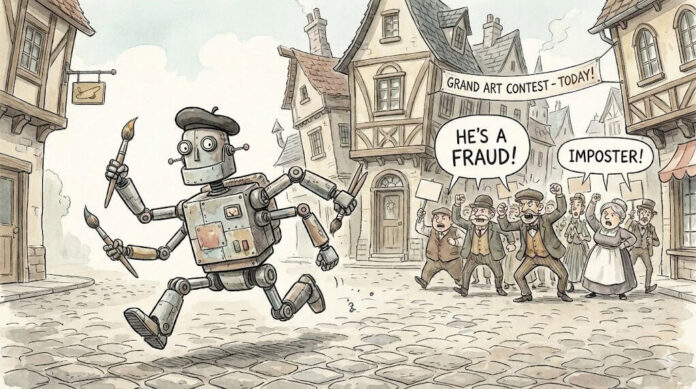 A robot running away after being exposed as a fraud, generated with Gemini